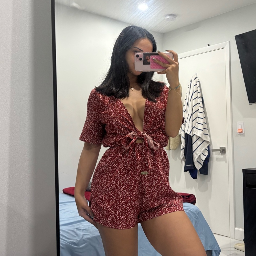 Red and white floral romper